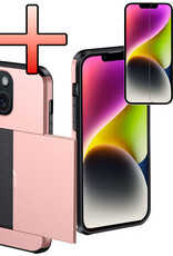 NoXx Hoes Geschikt voor iPhone 14 Plus Hoesje Pasjeshouder Hard Cover Met Screenprotector Shock Proof Hard Case Hoes Met Kaarthouder - Rosé Goud