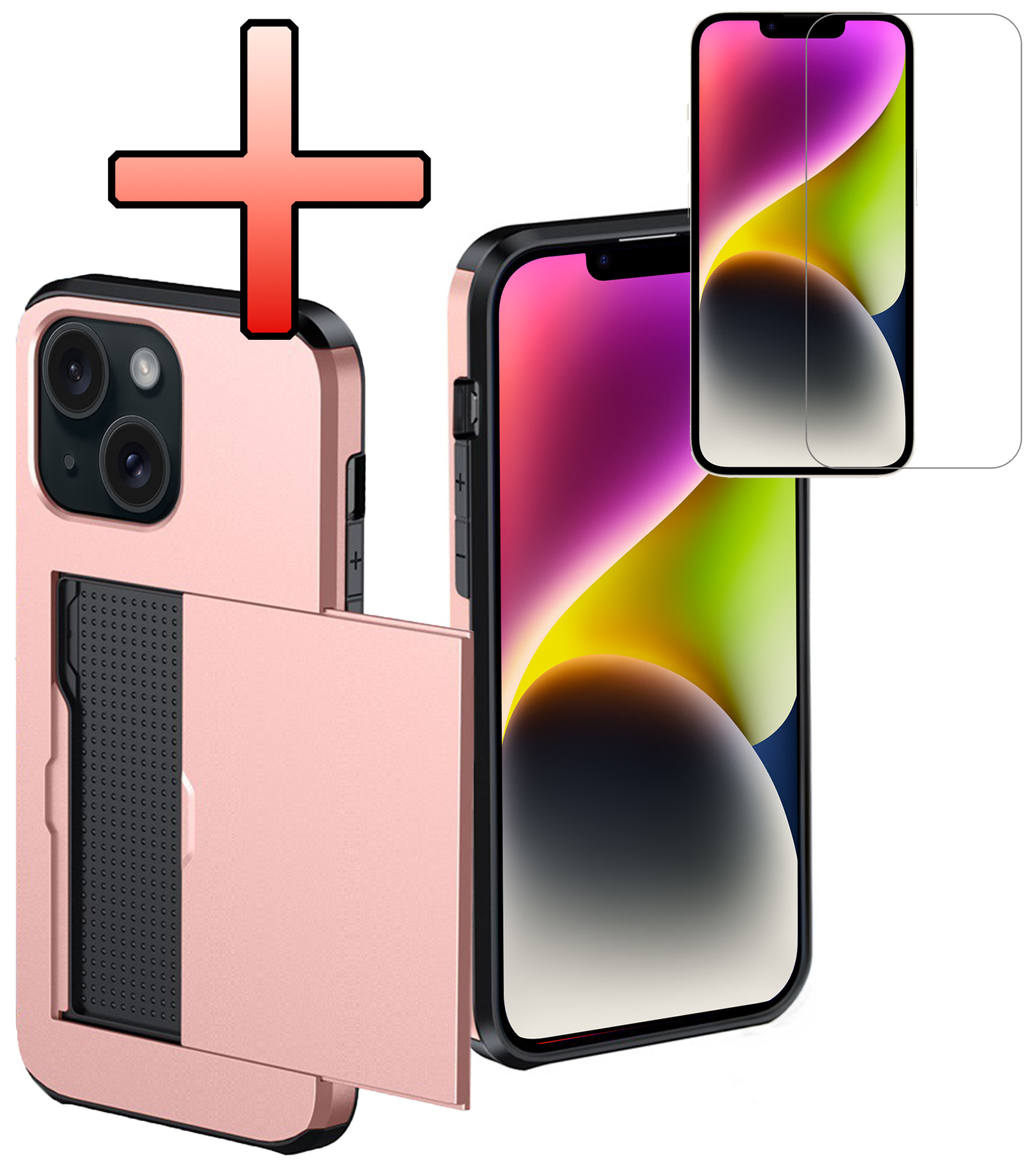 NoXx Hoes Geschikt voor iPhone 14 Plus Hoesje Pasjeshouder Hard Cover Met Screenprotector Shock Proof Hard Case Hoes Met Kaarthouder - Rosé Goud
