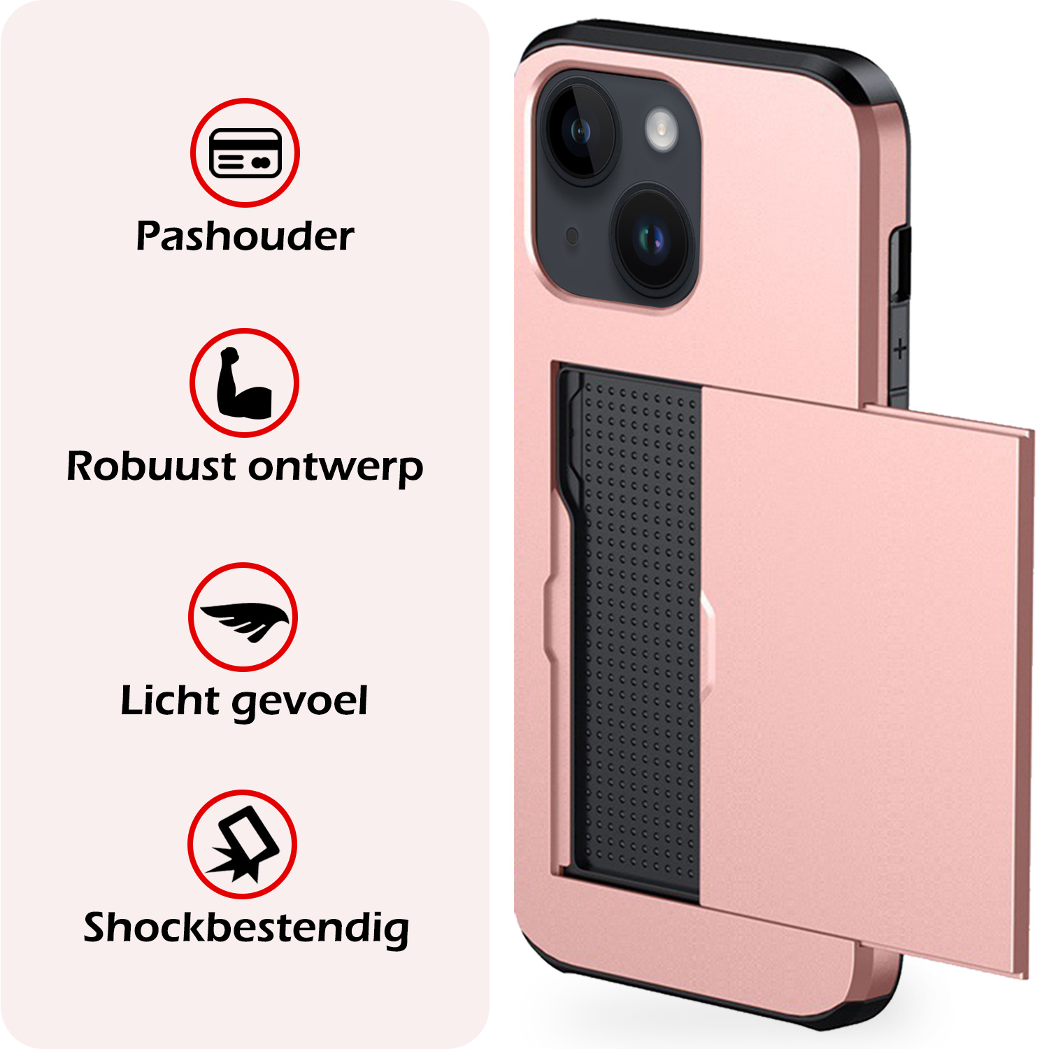 NoXx Hoes Geschikt voor iPhone 14 Plus Hoesje Pasjeshouder Hard Cover Met Screenprotector Shock Proof Hard Case Hoes Met Kaarthouder - Rosé Goud