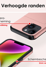 NoXx Hoes Geschikt voor iPhone 14 Plus Hoesje Pasjeshouder Hard Cover Met Screenprotector Shock Proof Hard Case Hoes Met Kaarthouder - Rosé Goud