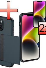 NoXx Hoes Geschikt voor iPhone 14 Plus Hoesje Pasjeshouder Hard Cover Met 2x Screenprotector Shock Proof Hard Case Hoes Met Kaarthouder - Donker Blauw