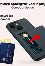 NoXx Hoes Geschikt voor iPhone 14 Plus Hoesje Pasjeshouder Hard Cover Met 2x Screenprotector Shock Proof Hard Case Hoes Met Kaarthouder - Donker Blauw