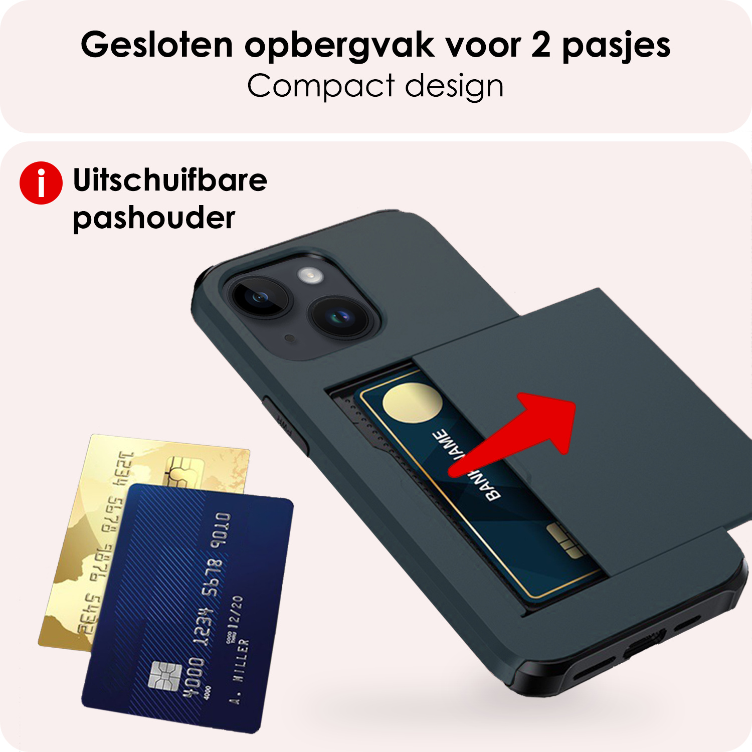 NoXx Hoes Geschikt voor iPhone 14 Plus Hoesje Pasjeshouder Hard Cover Met 2x Screenprotector Shock Proof Hard Case Hoes Met Kaarthouder - Donker Blauw