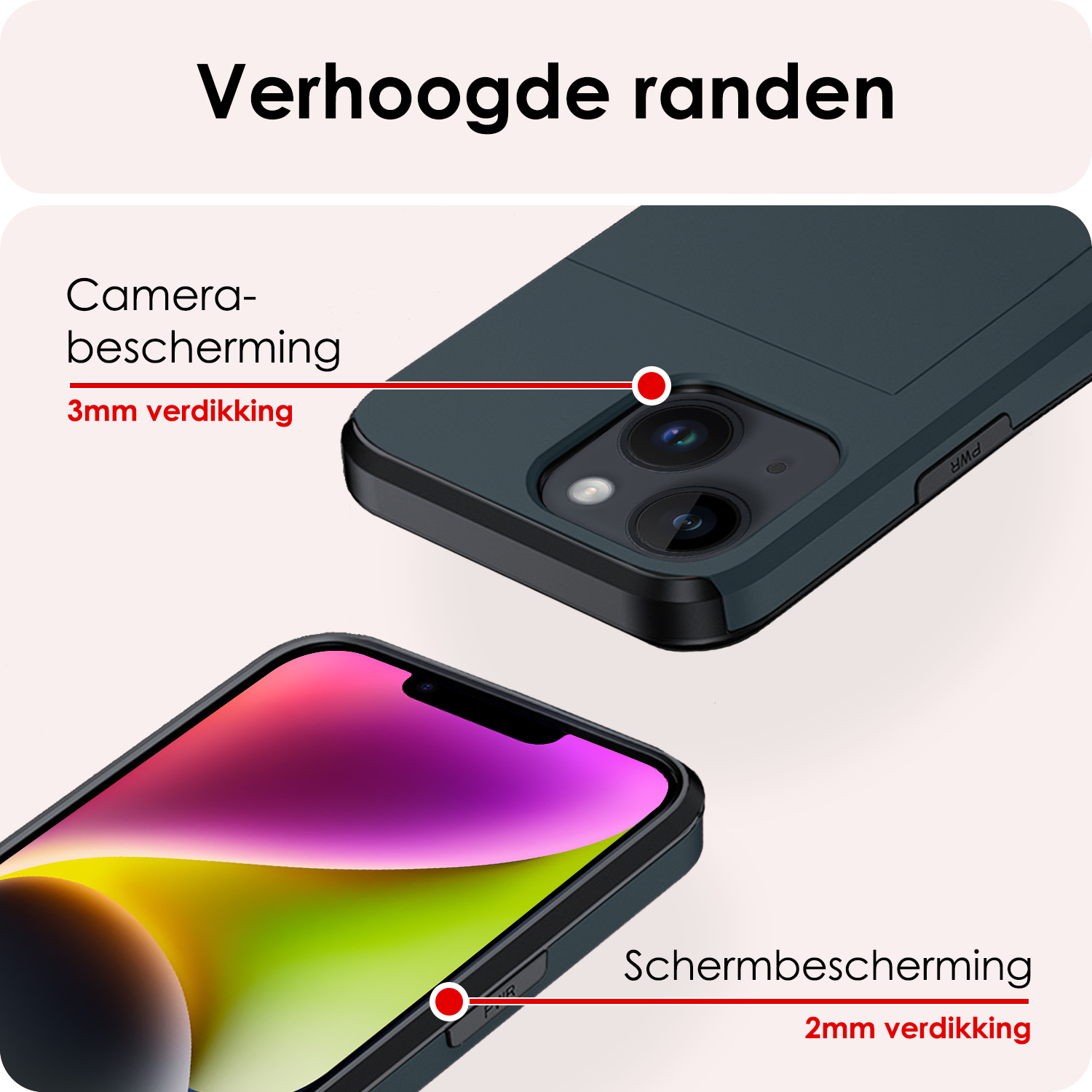 NoXx Hoes Geschikt voor iPhone 14 Plus Hoesje Pasjeshouder Hard Cover Met 2x Screenprotector Shock Proof Hard Case Hoes Met Kaarthouder - Donker Blauw