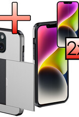 NoXx Hoes Geschikt voor iPhone 14 Plus Hoesje Pasjeshouder Hard Cover Met 2x Screenprotector Shock Proof Hard Case Hoes Met Kaarthouder - Grijs