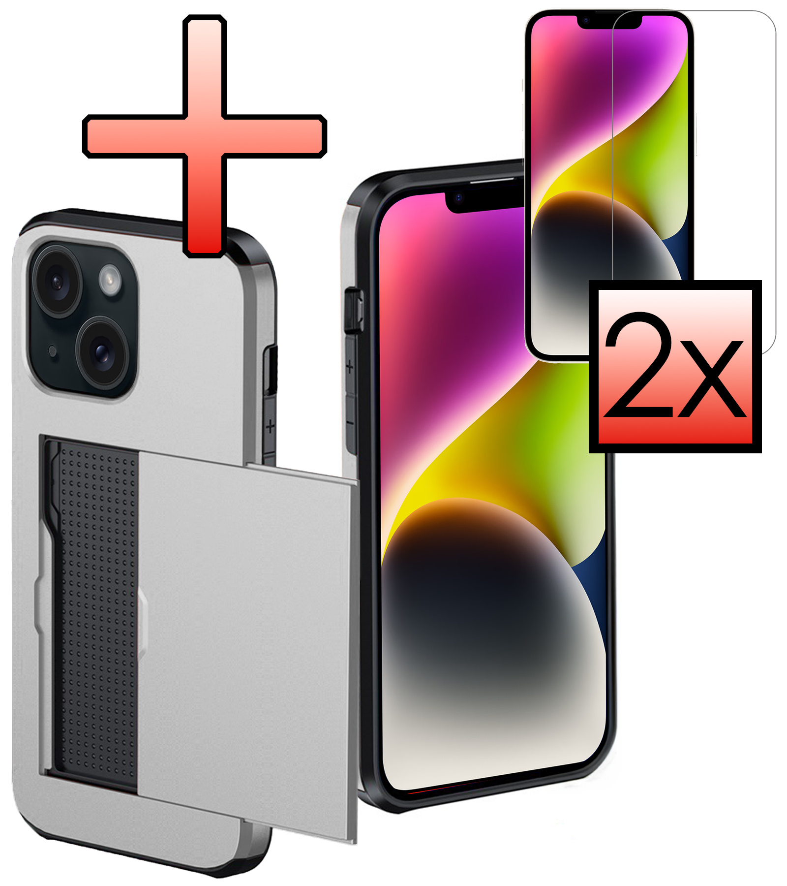NoXx Hoes Geschikt voor iPhone 14 Plus Hoesje Pasjeshouder Hard Cover Met 2x Screenprotector Shock Proof Hard Case Hoes Met Kaarthouder - Grijs