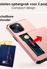 NoXx Hoes Geschikt voor iPhone 14 Plus Hoesje Pasjeshouder Hard Cover Met 2x Screenprotector Shock Proof Hard Case Hoes Met Kaarthouder - Rosé Goud