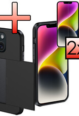 NoXx Hoes Geschikt voor iPhone 14 Plus Hoesje Pasjeshouder Hard Cover Met 2x Screenprotector Shock Proof Hard Case Hoes Met Kaarthouder - Zwart