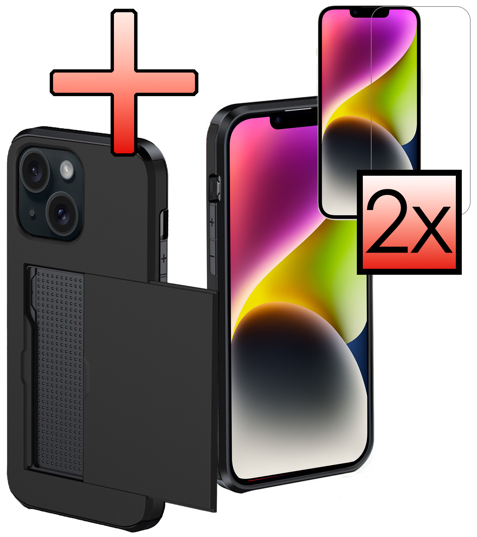 NoXx Hoes Geschikt voor iPhone 14 Plus Hoesje Pasjeshouder Hard Cover Met 2x Screenprotector Shock Proof Hard Case Hoes Met Kaarthouder - Zwart