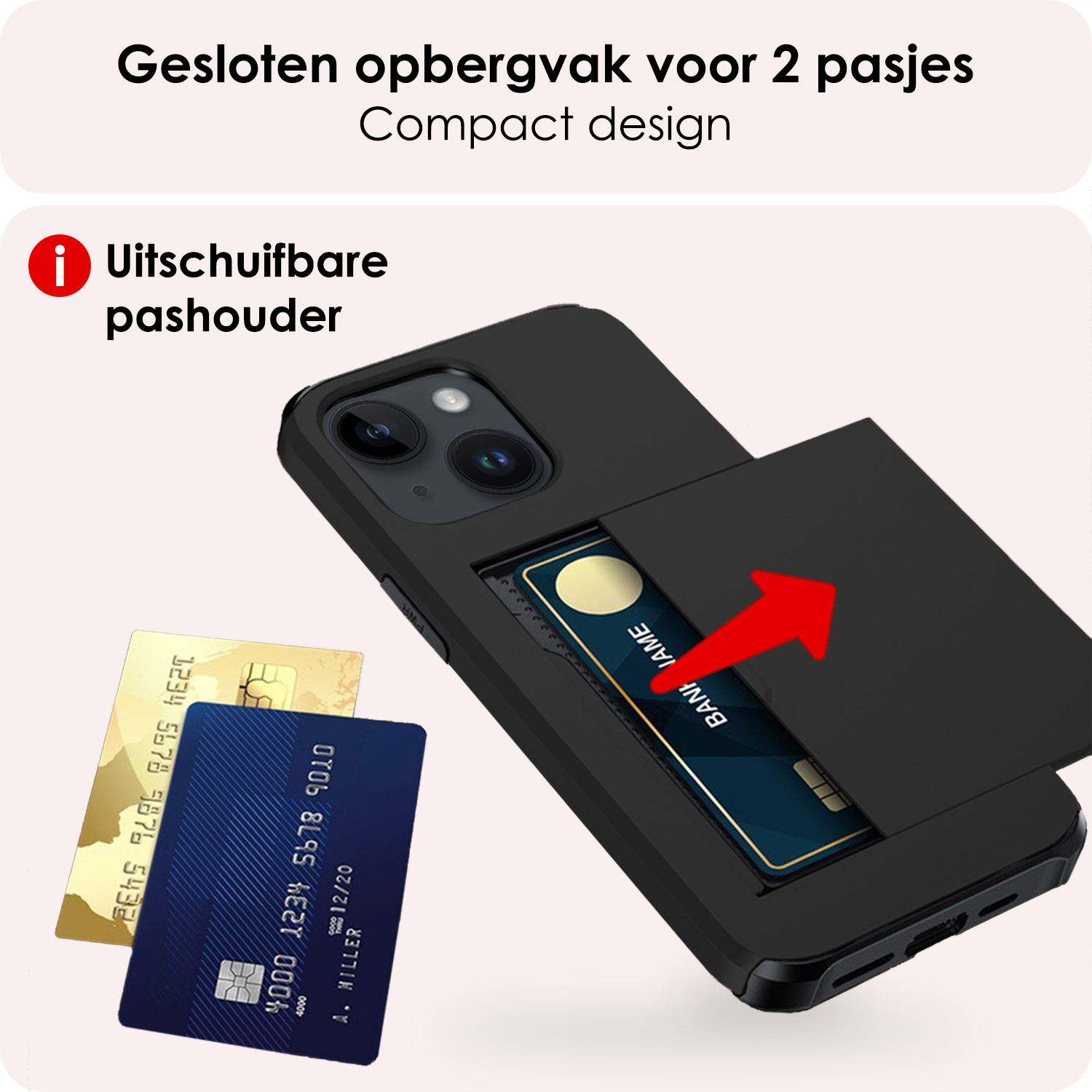 NoXx Hoes Geschikt voor iPhone 14 Plus Hoesje Pasjeshouder Hard Cover Met 2x Screenprotector Shock Proof Hard Case Hoes Met Kaarthouder - Zwart