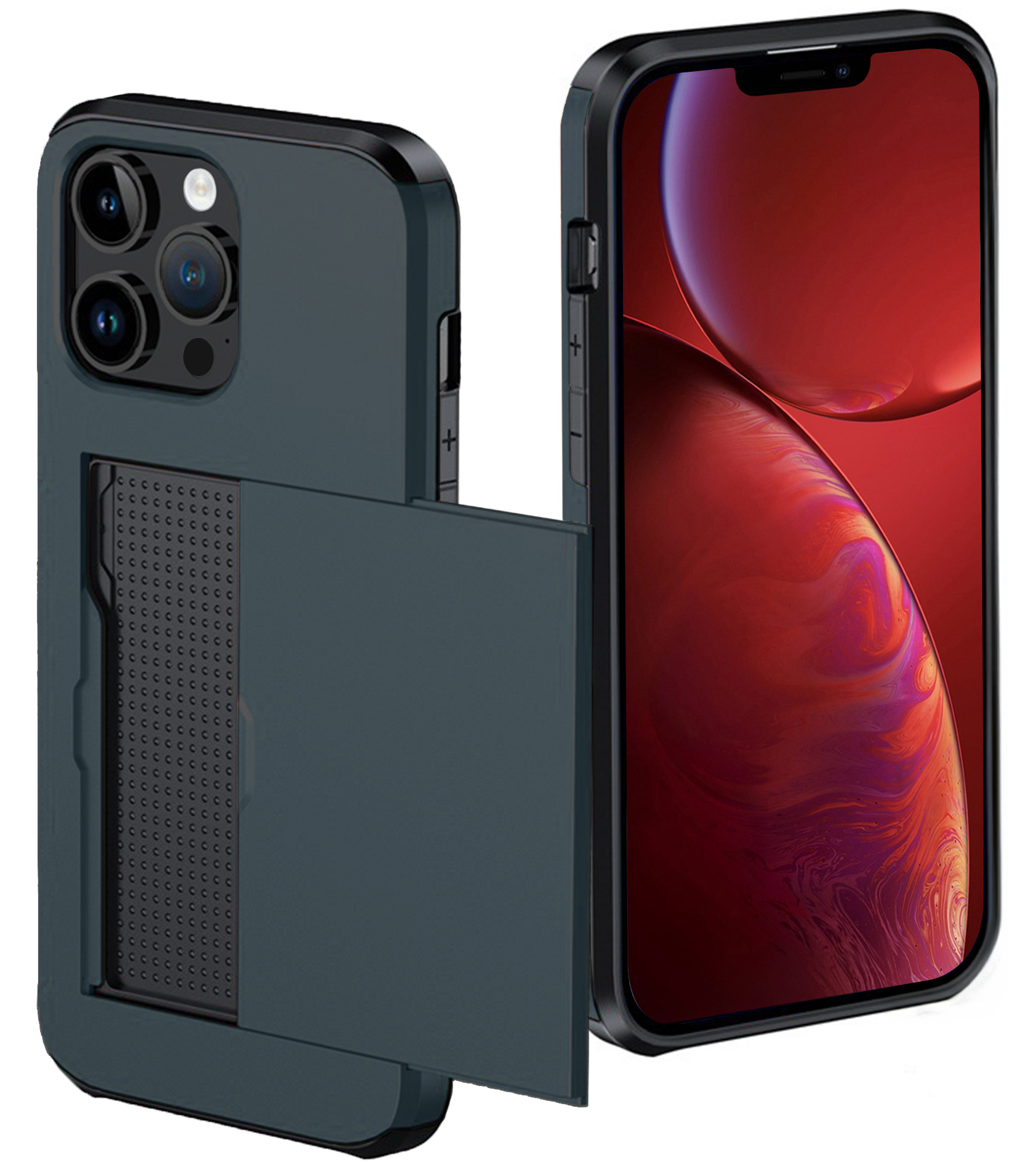 NoXx Hoes Geschikt voor iPhone 14 Pro Hoesje Pasjeshouder Hard Cover Shock Proof Hard Case Hoes Met Kaarthouder - Donker Blauw