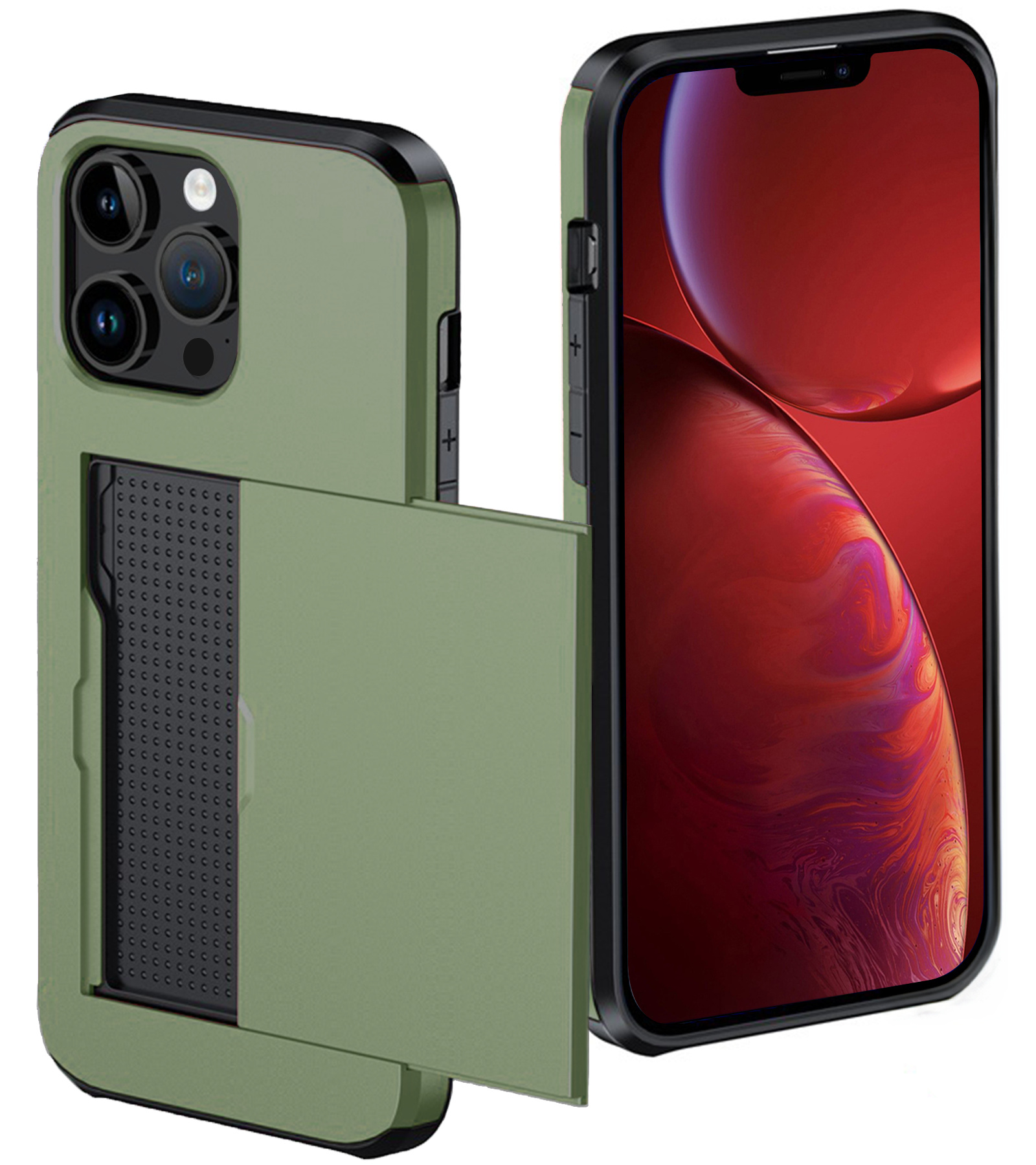 NoXx Hoes Geschikt voor iPhone 14 Pro Hoesje Pasjeshouder Hard Cover Shock Proof Hard Case Hoes Met Kaarthouder - Donker Groen