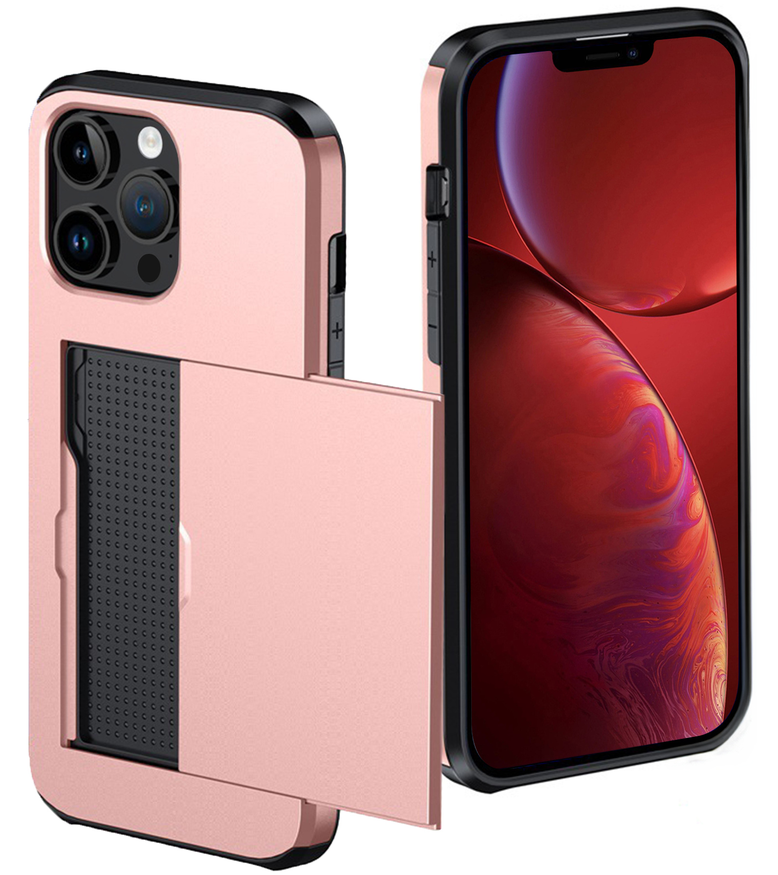 NoXx Hoes Geschikt voor iPhone 14 Pro Hoesje Pasjeshouder Hard Cover Shock Proof Hard Case Hoes Met Kaarthouder - Rosé Goud