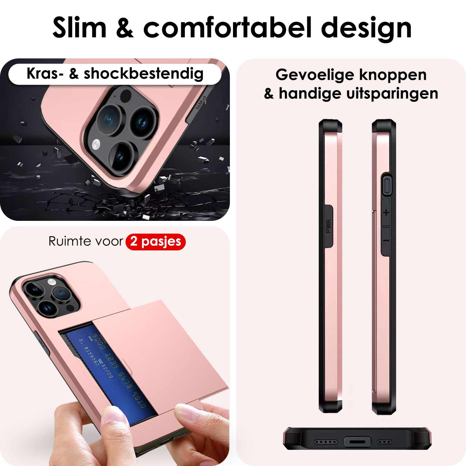 NoXx Hoes Geschikt voor iPhone 14 Pro Hoesje Pasjeshouder Hard Cover Shock Proof Hard Case Hoes Met Kaarthouder - Rosé Goud