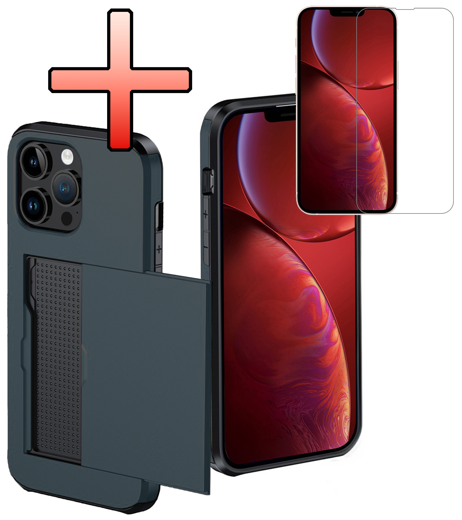 NoXx Hoes Geschikt voor iPhone 14 Pro Hoesje Pasjeshouder Hard Cover Met Screenprotector Shock Proof Hard Case Hoes Met Kaarthouder - Donker Blauw