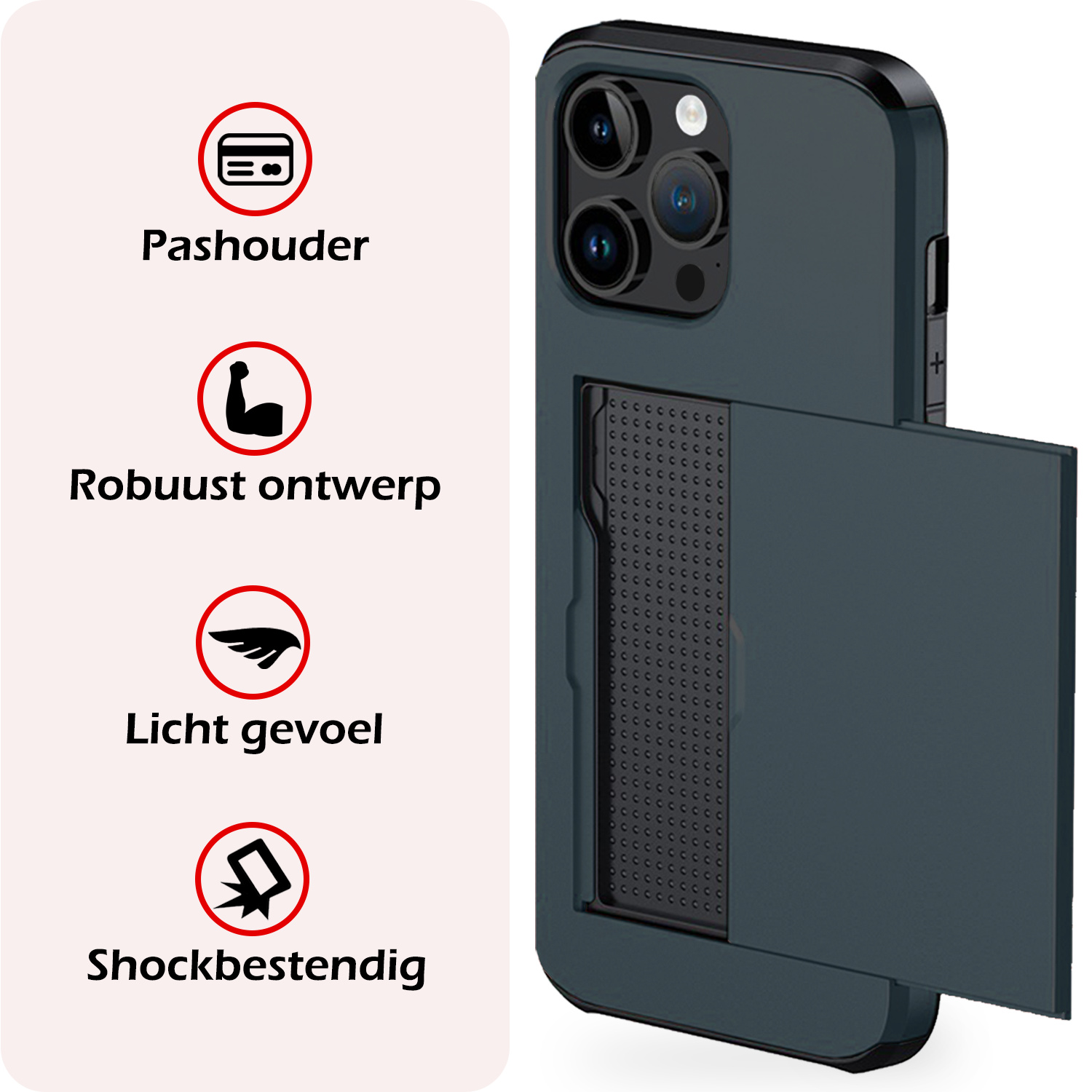 NoXx Hoes Geschikt voor iPhone 14 Pro Hoesje Pasjeshouder Hard Cover Met Screenprotector Shock Proof Hard Case Hoes Met Kaarthouder - Donker Blauw