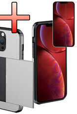NoXx Hoes Geschikt voor iPhone 14 Pro Hoesje Pasjeshouder Hard Cover Met Screenprotector Shock Proof Hard Case Hoes Met Kaarthouder - Grijs