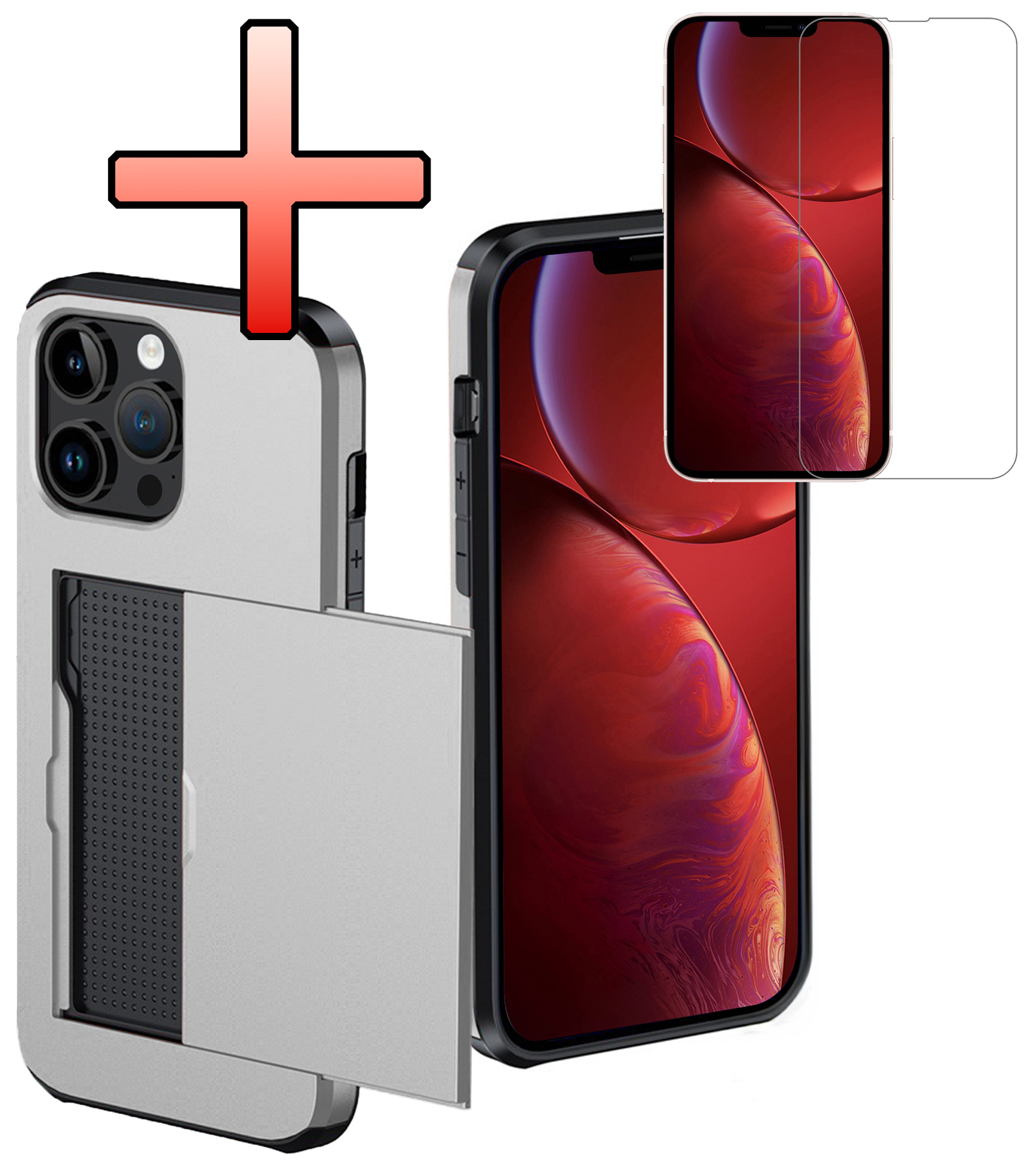 NoXx Hoes Geschikt voor iPhone 14 Pro Hoesje Pasjeshouder Hard Cover Met Screenprotector Shock Proof Hard Case Hoes Met Kaarthouder - Grijs