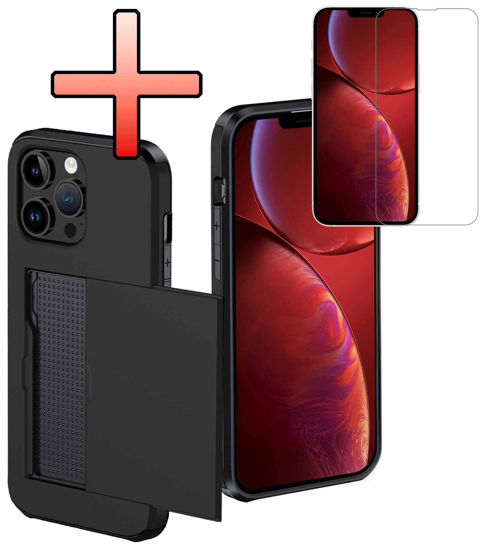 NoXx Hoes Geschikt voor iPhone 14 Pro Hoesje Pasjeshouder Hard Cover Met Screenprotector Shock Proof Hard Case Hoes Met Kaarthouder - Zwart