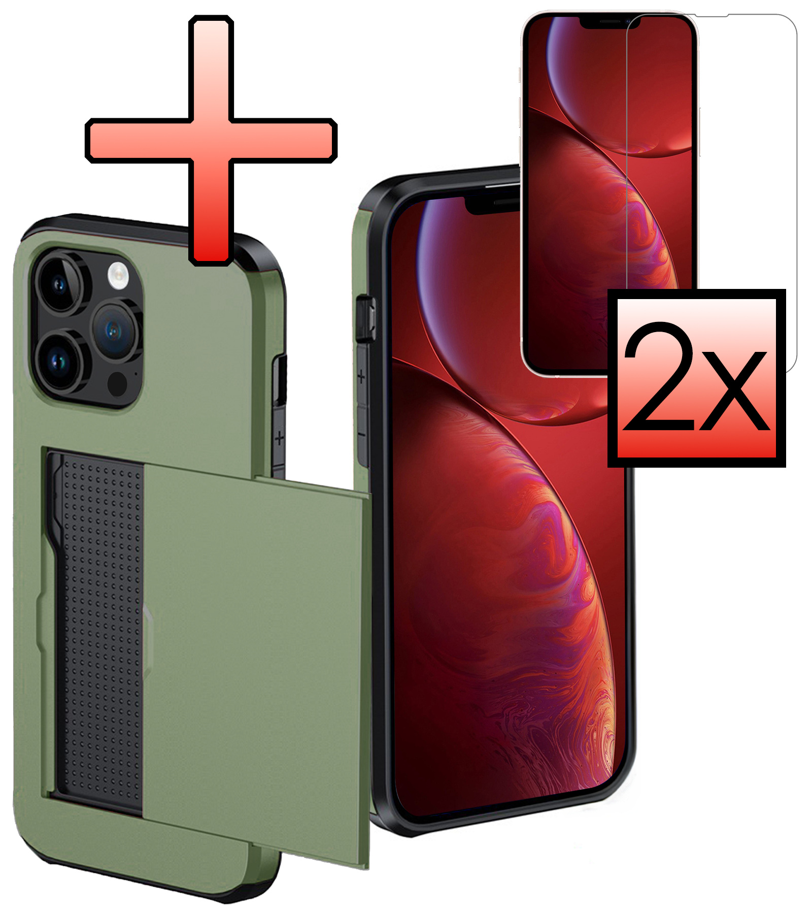 NoXx Hoes Geschikt voor iPhone 14 Pro Hoesje Pasjeshouder Hard Cover Met 2x Screenprotector Shock Proof Hard Case Hoes Met Kaarthouder - Donker Groen