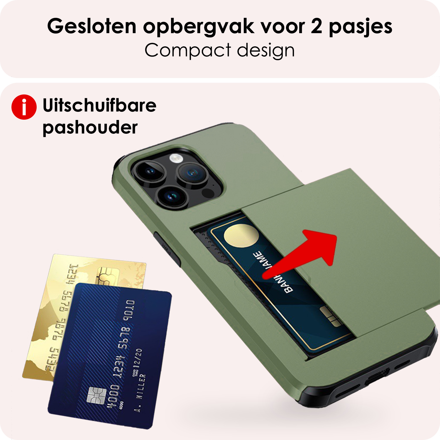 NoXx Hoes Geschikt voor iPhone 14 Pro Hoesje Pasjeshouder Hard Cover Met 2x Screenprotector Shock Proof Hard Case Hoes Met Kaarthouder - Donker Groen