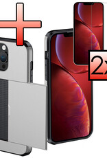 NoXx Hoes Geschikt voor iPhone 14 Pro Hoesje Pasjeshouder Hard Cover Met 2x Screenprotector Shock Proof Hard Case Hoes Met Kaarthouder - Grijs