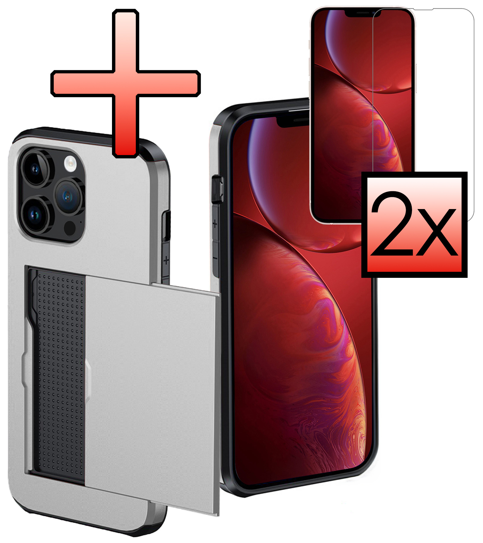 NoXx Hoes Geschikt voor iPhone 14 Pro Hoesje Pasjeshouder Hard Cover Met 2x Screenprotector Shock Proof Hard Case Hoes Met Kaarthouder - Grijs
