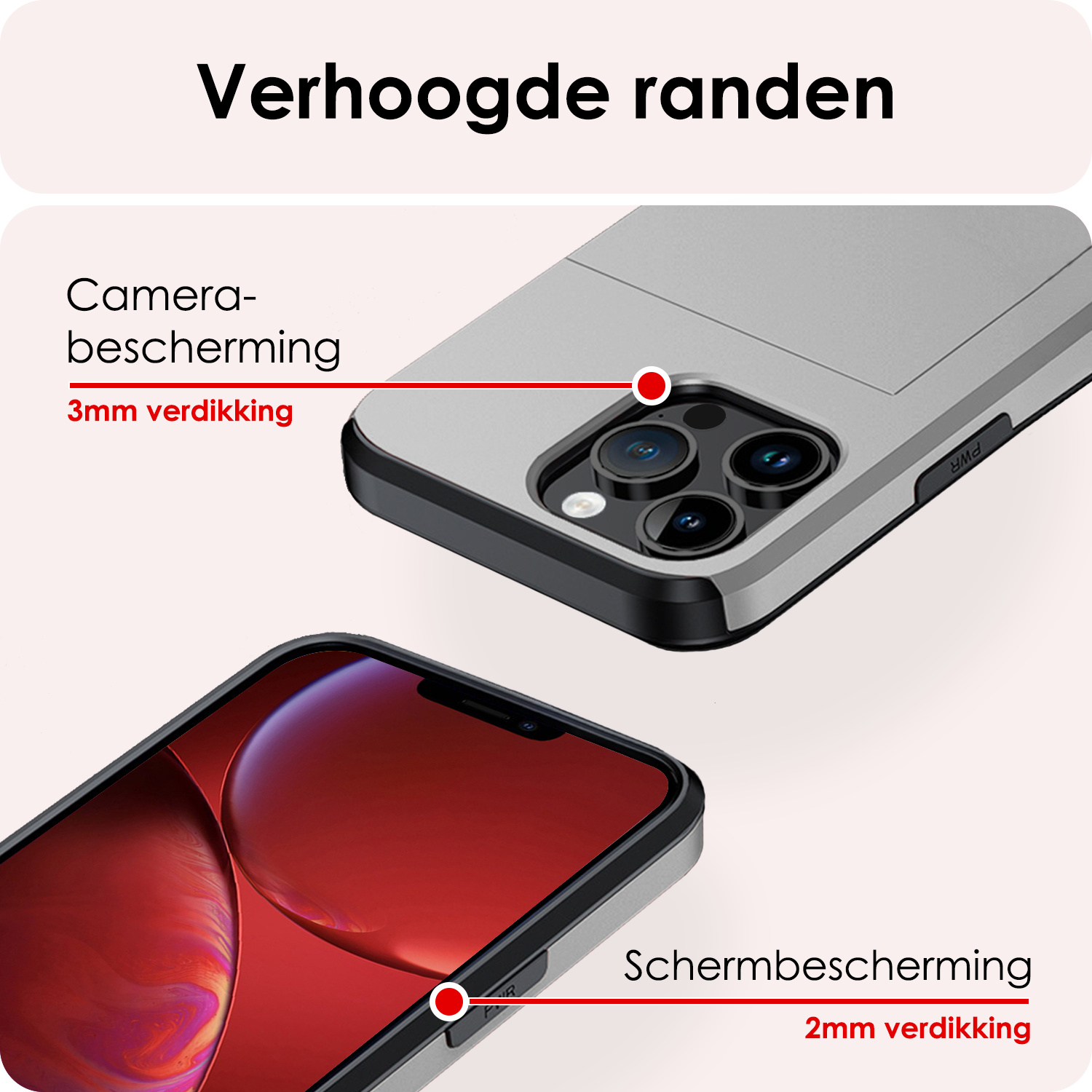 NoXx Hoes Geschikt voor iPhone 14 Pro Hoesje Pasjeshouder Hard Cover Met 2x Screenprotector Shock Proof Hard Case Hoes Met Kaarthouder - Grijs