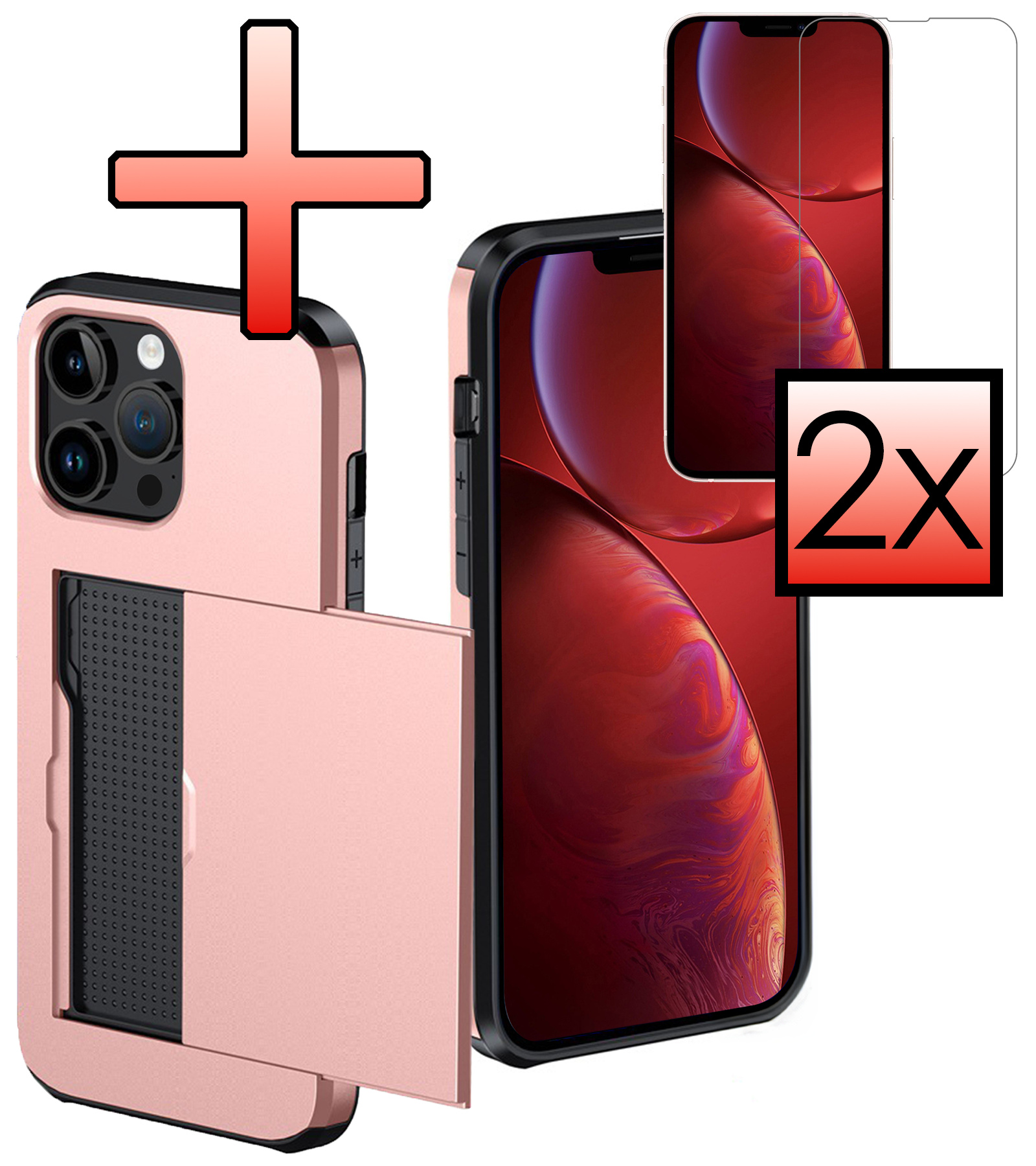 NoXx Hoes Geschikt voor iPhone 14 Pro Hoesje Pasjeshouder Hard Cover Met 2x Screenprotector Shock Proof Hard Case Hoes Met Kaarthouder - Rosé Goud