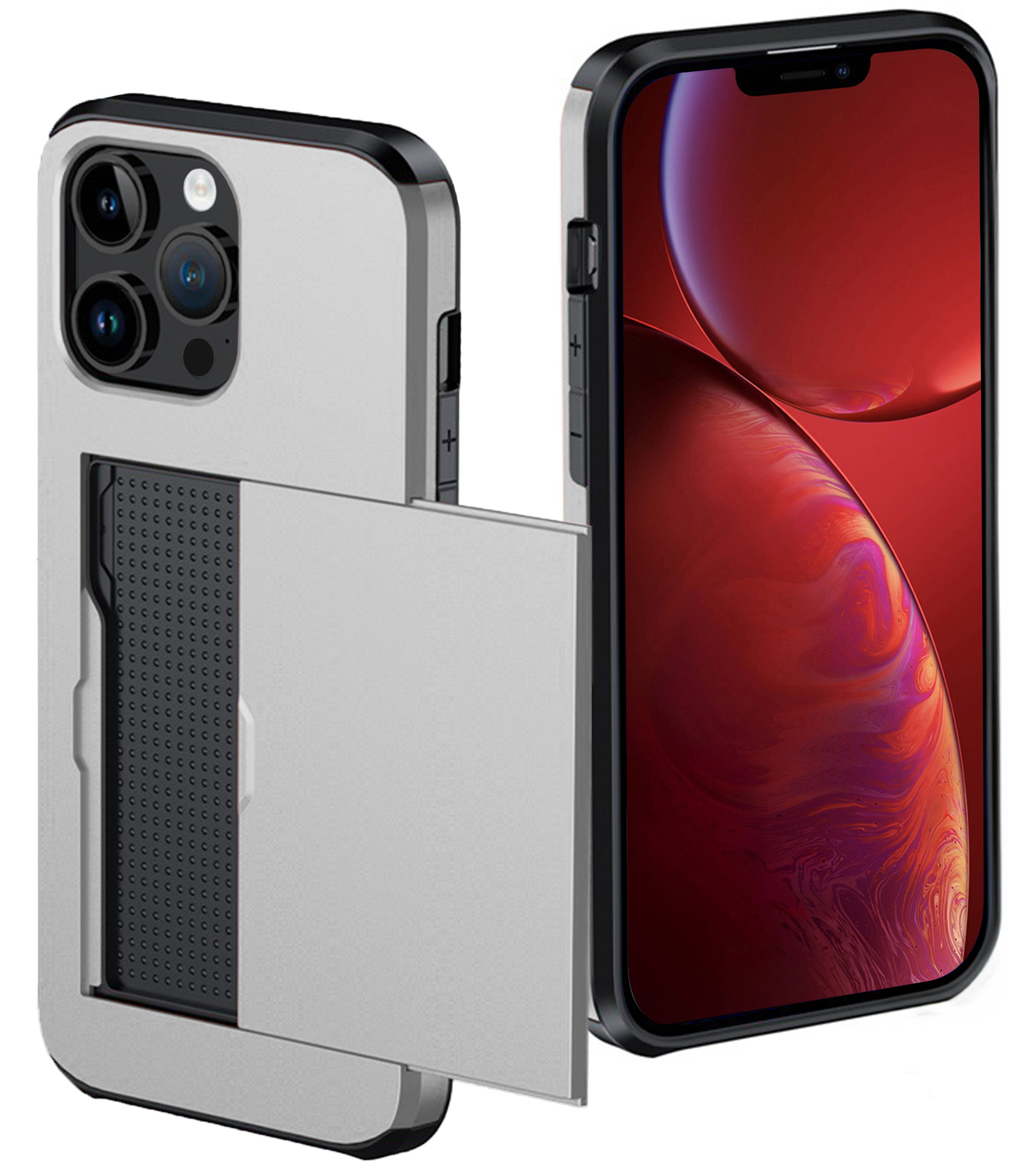 NoXx Hoes Geschikt voor iPhone 14 Pro Max Hoesje Pasjeshouder Hard Cover Shock Proof Hard Case Hoes Met Kaarthouder - Grijs