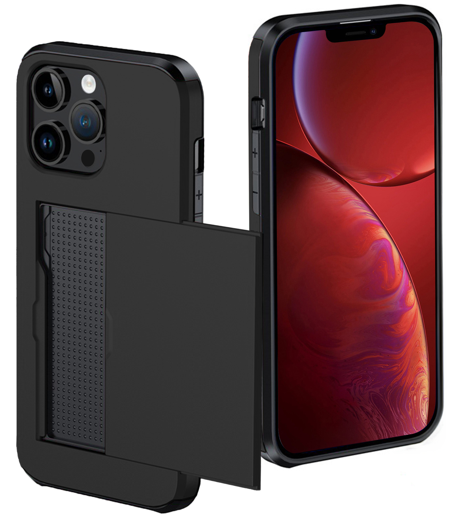 NoXx Hoes Geschikt voor iPhone 14 Pro Max Hoesje Pasjeshouder Hard Cover Shock Proof Hard Case Hoes Met Kaarthouder - Zwart