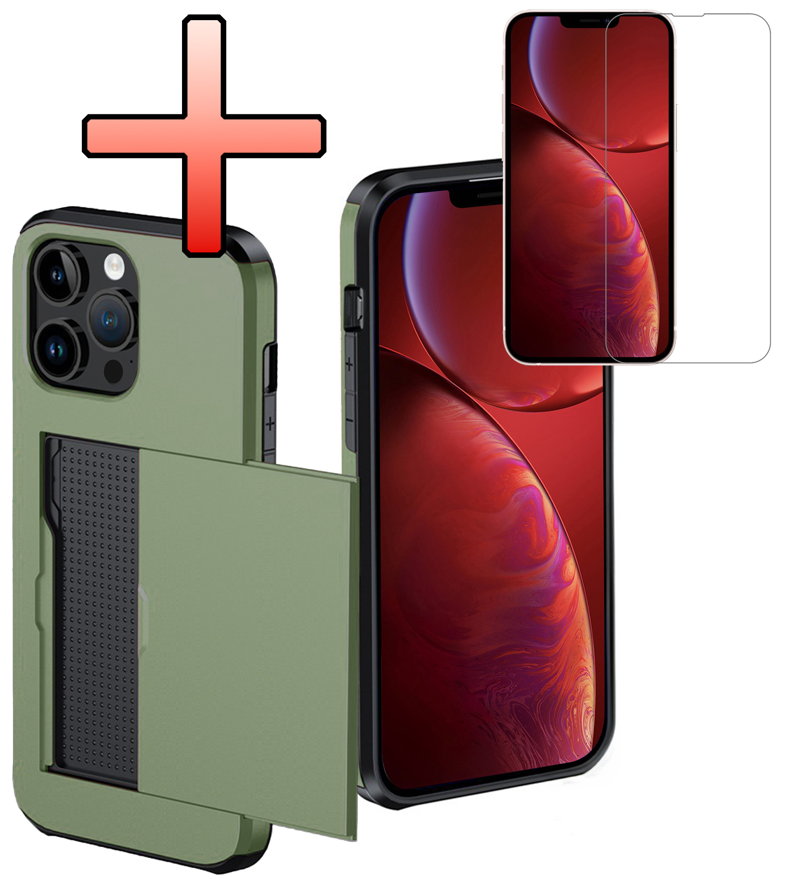 NoXx Hoes Geschikt voor iPhone 14 Pro Max Hoesje Pasjeshouder Hard Cover Met Screenprotector Shock Proof Hard Case Hoes Met Kaarthouder - Donker Groen