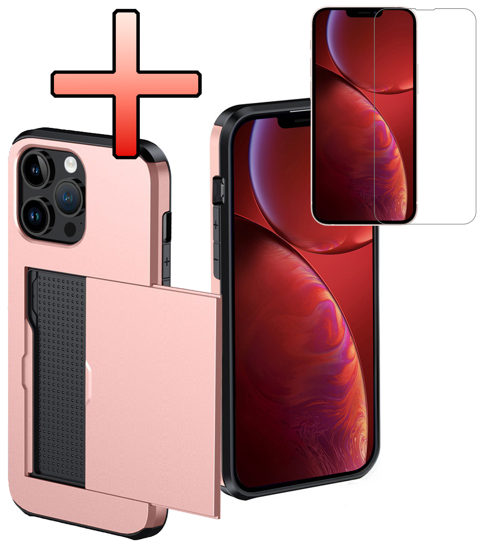 NoXx Hoes Geschikt voor iPhone 14 Pro Max Hoesje Pasjeshouder Hard Cover Met Screenprotector Shock Proof Hard Case Hoes Met Kaarthouder - Rosé Goud