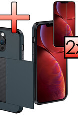 NoXx Hoes Geschikt voor iPhone 14 Pro Max Hoesje Pasjeshouder Hard Cover Met 2x Screenprotector Shock Proof Hard Case Hoes Met Kaarthouder - Donker Blauw