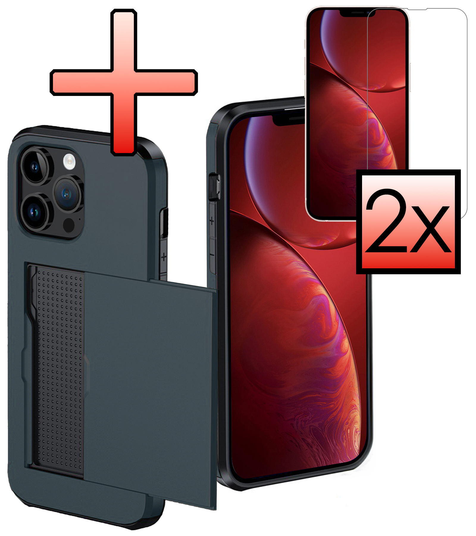 NoXx Hoes Geschikt voor iPhone 14 Pro Max Hoesje Pasjeshouder Hard Cover Met 2x Screenprotector Shock Proof Hard Case Hoes Met Kaarthouder - Donker Blauw