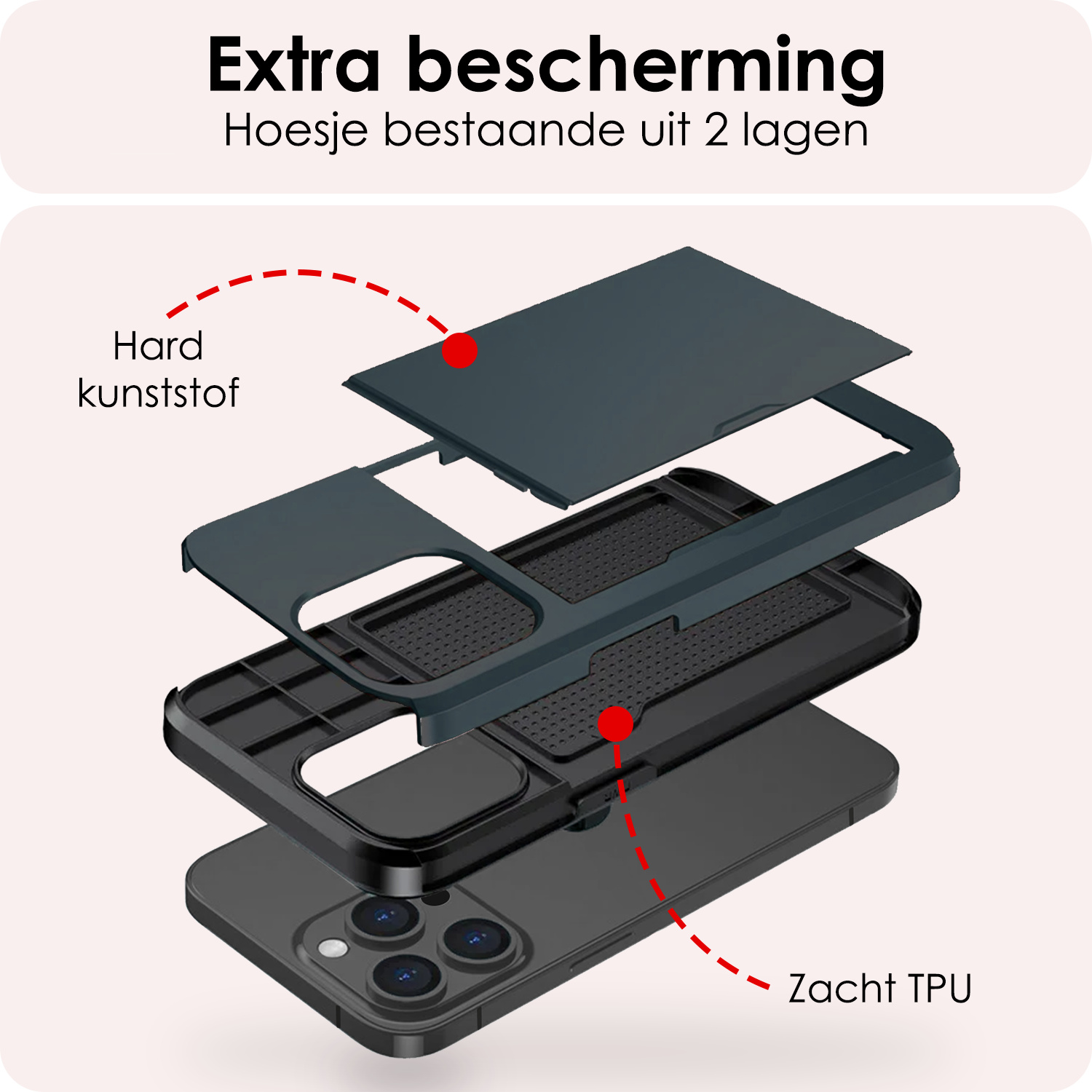 NoXx Hoes Geschikt voor iPhone 14 Pro Max Hoesje Pasjeshouder Hard Cover Met 2x Screenprotector Shock Proof Hard Case Hoes Met Kaarthouder - Donker Blauw