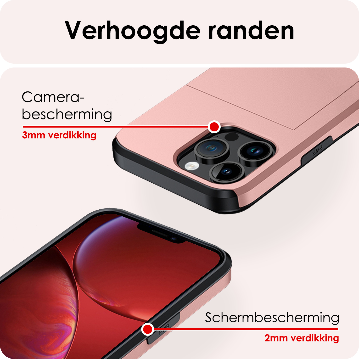 NoXx Hoes Geschikt voor iPhone 14 Pro Max Hoesje Pasjeshouder Hard Cover Met 2x Screenprotector Shock Proof Hard Case Hoes Met Kaarthouder - Rosé Goud