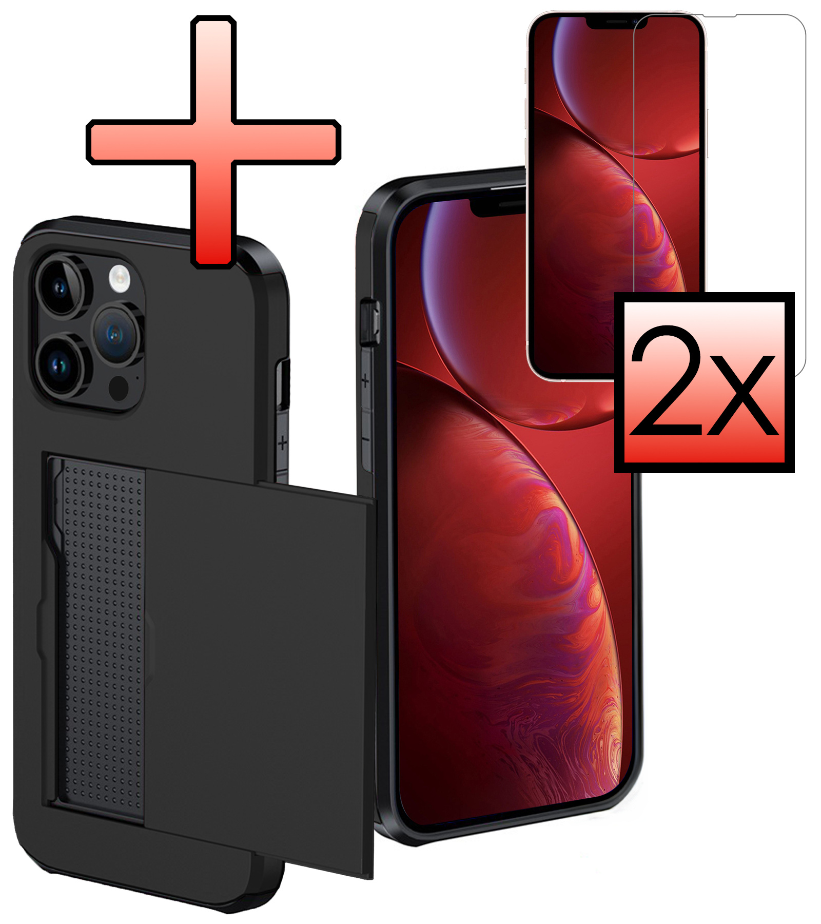 NoXx Hoes Geschikt voor iPhone 14 Pro Max Hoesje Pasjeshouder Hard Cover Met 2x Screenprotector Shock Proof Hard Case Hoes Met Kaarthouder - Zwart