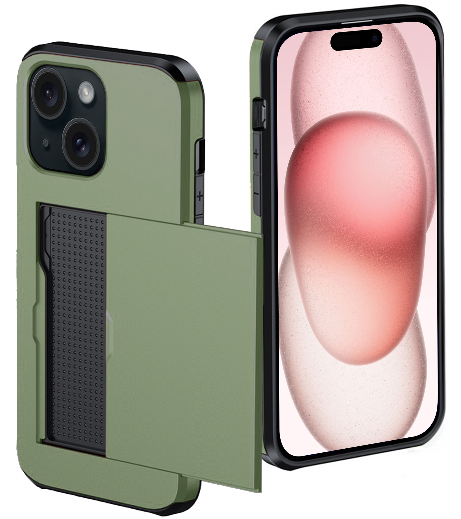 NoXx Hoes Geschikt voor iPhone 15 Hoesje Pasjeshouder Hard Cover Shock Proof Hard Case Hoes Met Kaarthouder - Donker Groen