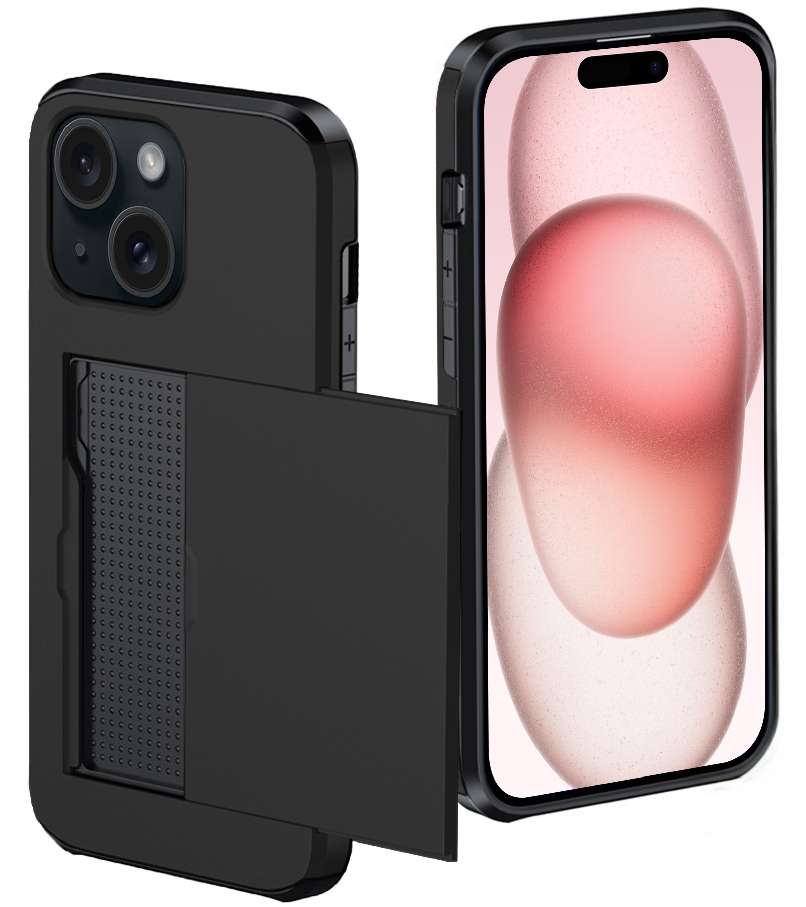 NoXx Hoes Geschikt voor iPhone 15 Hoesje Pasjeshouder Hard Cover Shock Proof Hard Case Hoes Met Kaarthouder - Zwart