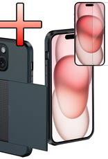 NoXx Hoes Geschikt voor iPhone 15 Hoesje Pasjeshouder Hard Cover Met Screenprotector Shock Proof Hard Case Hoes Met Kaarthouder - Donker Blauw