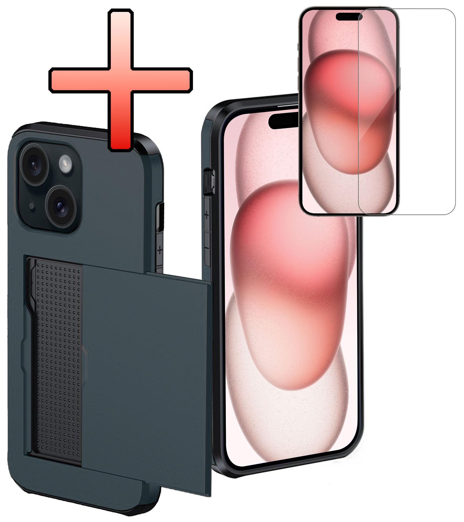 NoXx Hoes Geschikt voor iPhone 15 Hoesje Pasjeshouder Hard Cover Met Screenprotector Shock Proof Hard Case Hoes Met Kaarthouder - Donker Blauw