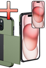 NoXx Hoes Geschikt voor iPhone 15 Hoesje Pasjeshouder Hard Cover Met Screenprotector Shock Proof Hard Case Hoes Met Kaarthouder - Donker Groen