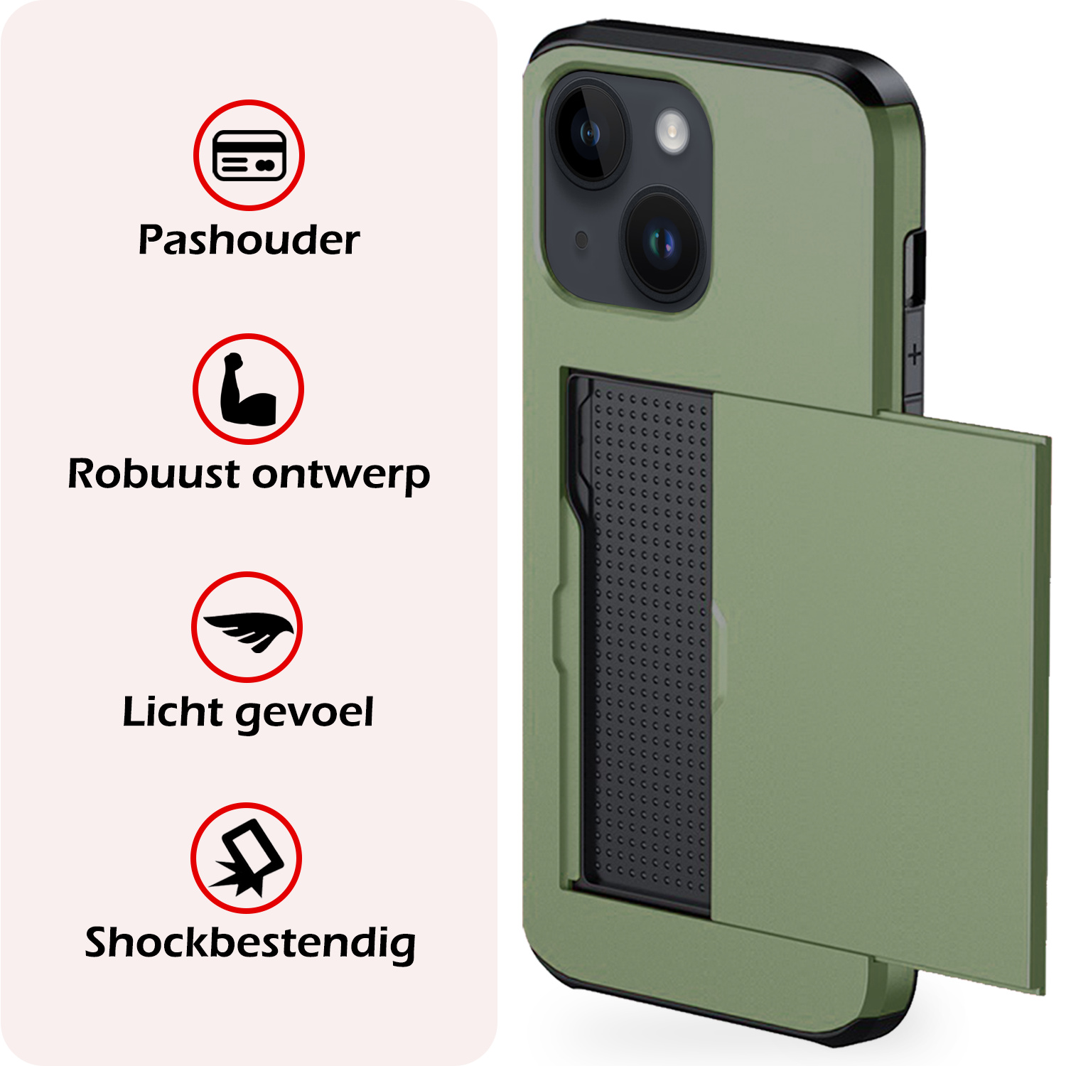 NoXx Hoes Geschikt voor iPhone 15 Hoesje Pasjeshouder Hard Cover Met Screenprotector Shock Proof Hard Case Hoes Met Kaarthouder - Donker Groen