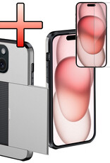 NoXx Hoes Geschikt voor iPhone 15 Hoesje Pasjeshouder Hard Cover Met Screenprotector Shock Proof Hard Case Hoes Met Kaarthouder - Grijs
