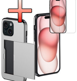 NoXx NoXx iPhone 15 Hoesje Pashouder Hard Met Screenprotector - Grijs