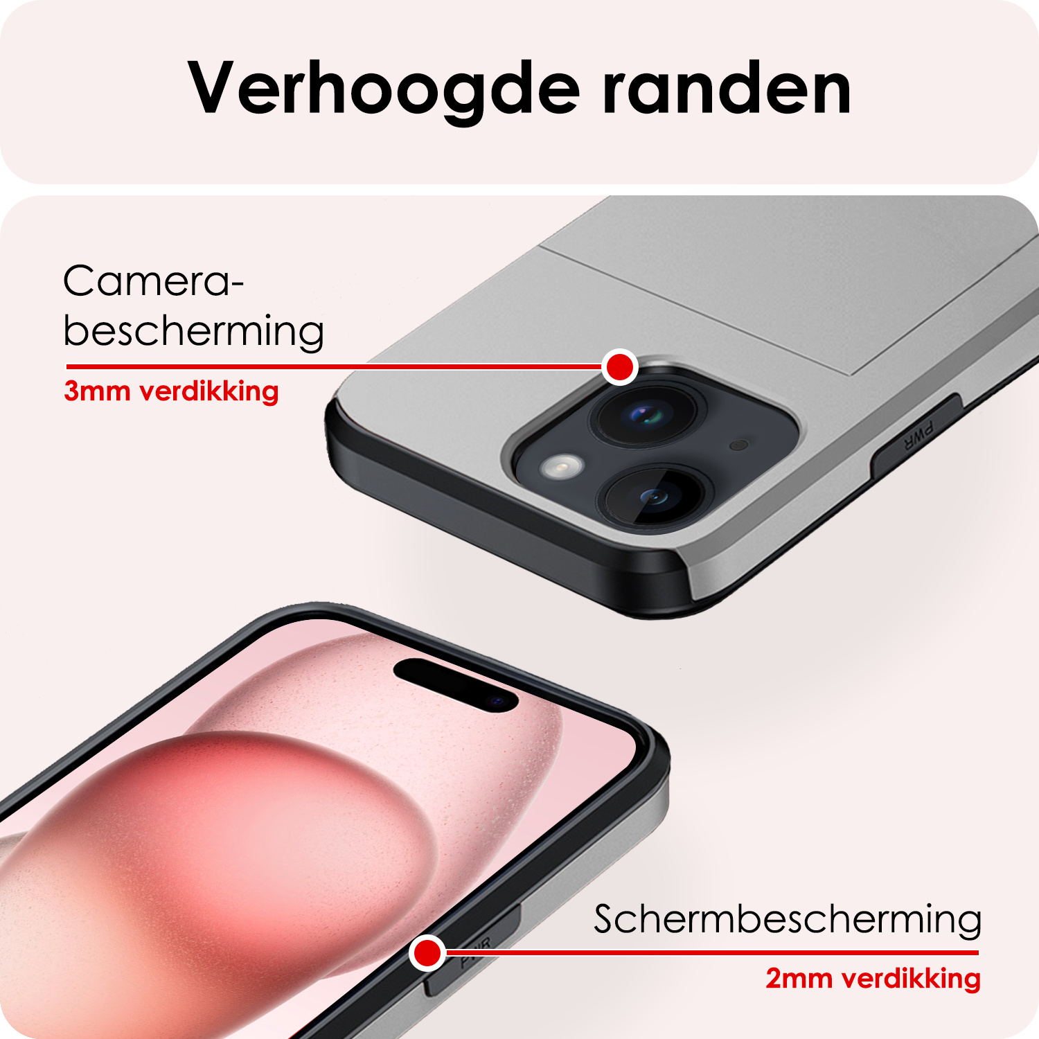 NoXx Hoes Geschikt voor iPhone 15 Hoesje Pasjeshouder Hard Cover Met Screenprotector Shock Proof Hard Case Hoes Met Kaarthouder - Grijs
