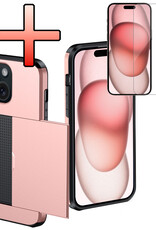 NoXx Hoes Geschikt voor iPhone 15 Hoesje Pasjeshouder Hard Cover Met Screenprotector Shock Proof Hard Case Hoes Met Kaarthouder - Rosé Goud