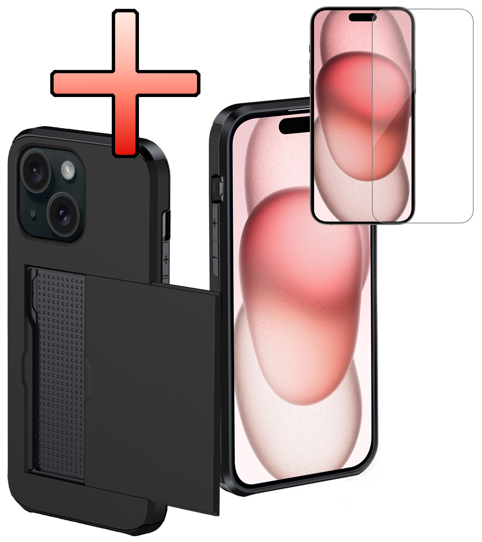 NoXx Hoes Geschikt voor iPhone 15 Hoesje Pasjeshouder Hard Cover Met Screenprotector Shock Proof Hard Case Hoes Met Kaarthouder - Zwart