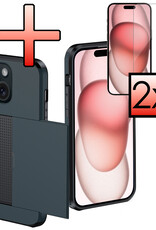 NoXx Hoes Geschikt voor iPhone 15 Hoesje Pasjeshouder Hard Cover Met 2x Screenprotector Shock Proof Hard Case Hoes Met Kaarthouder - Donker Blauw